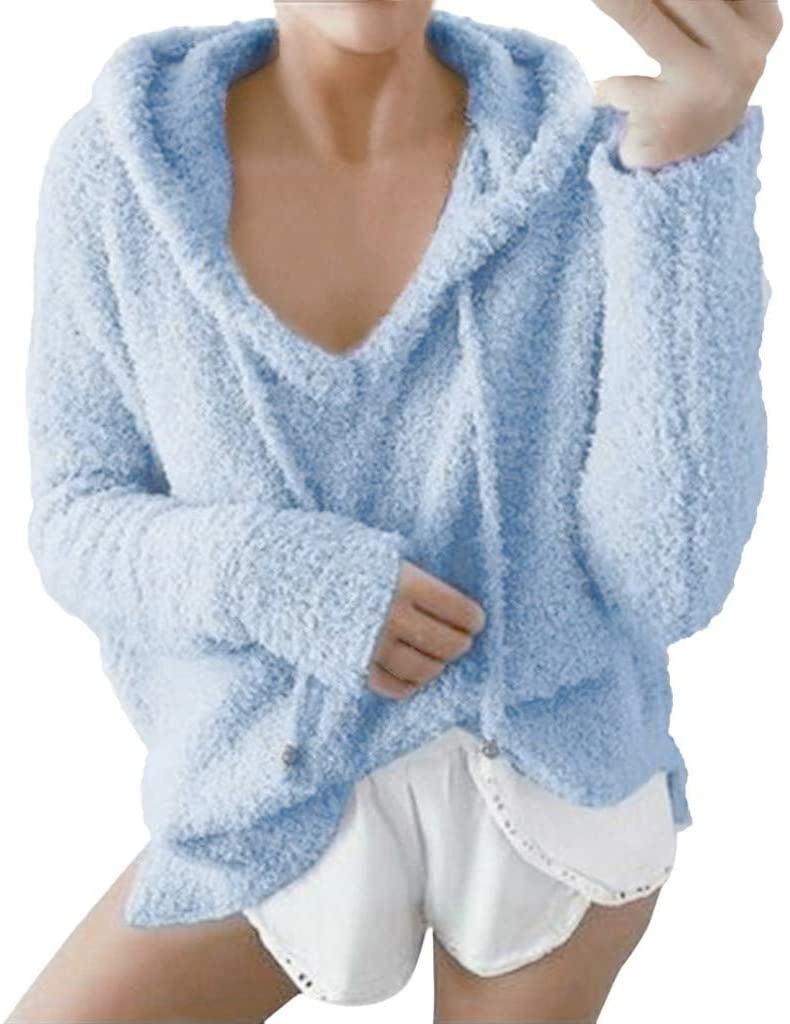 Dosoop Womens Solid Color Casual Fleece Fluffy Crewneck Long Sleeve Blouse Winter Warm Sweatshirt Ho