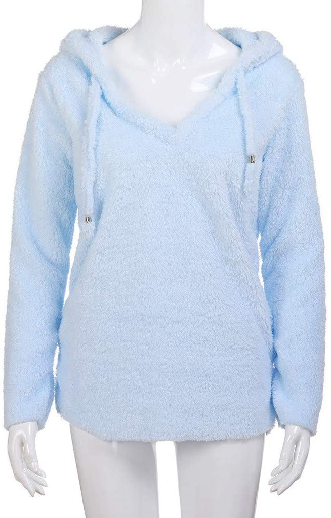 Dosoop Womens Solid Color Casual Fleece Fluffy Crewneck Long Sleeve Blouse Winter Warm Sweatshirt Ho