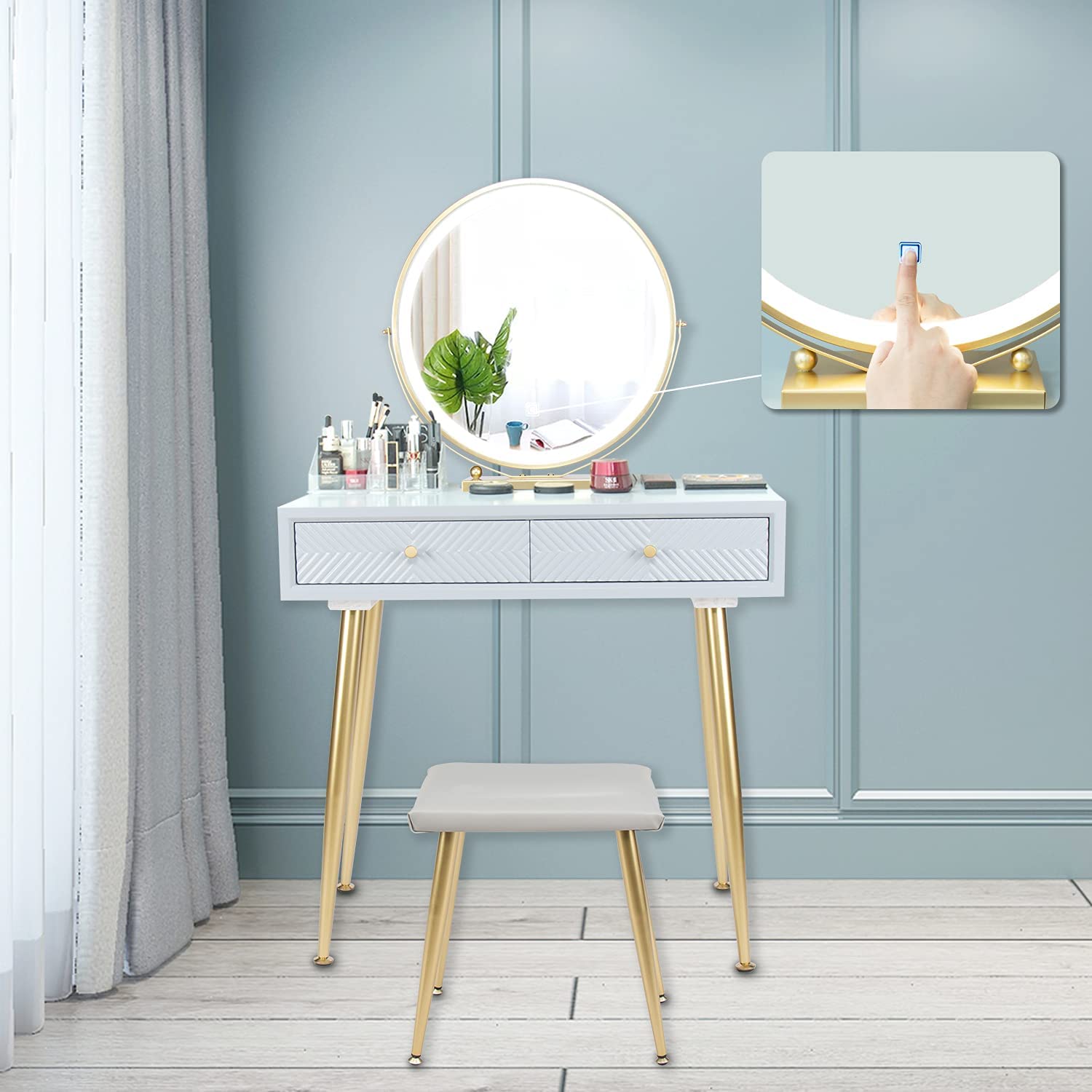 YOURLITEAMZ Makeup Vanity Table Set with 3 Adjustable Lighted LED Mirror and Cushioned Stool, 2 Draw