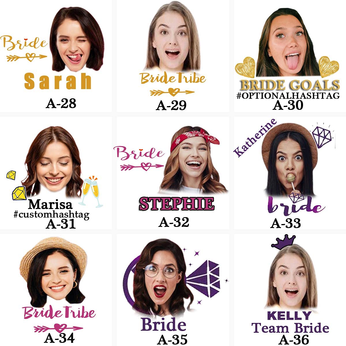 kullder 30pcs Custom Bachelorette Party Tattoo, Bride Tattoos, Personalized Face Tattoos, Party Deco