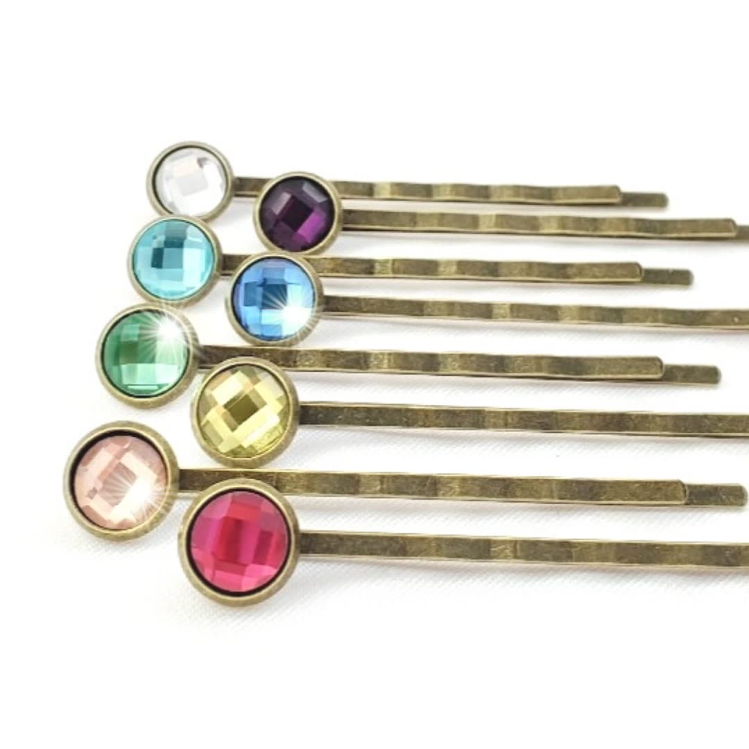 Crystal Hair Pins for Women, Decorative Bobby Pin Set of 8 Colorful Rainbow Hairpins, Sparkly Glass 