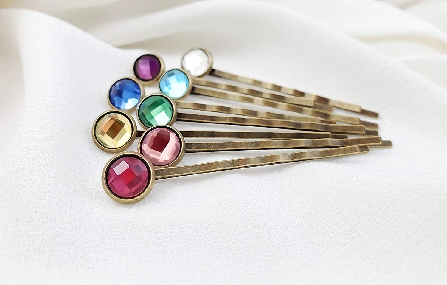 Crystal Hair Pins for Women, Decorative Bobby Pin Set of 8 Colorful Rainbow Hairpins, Sparkly Glass 