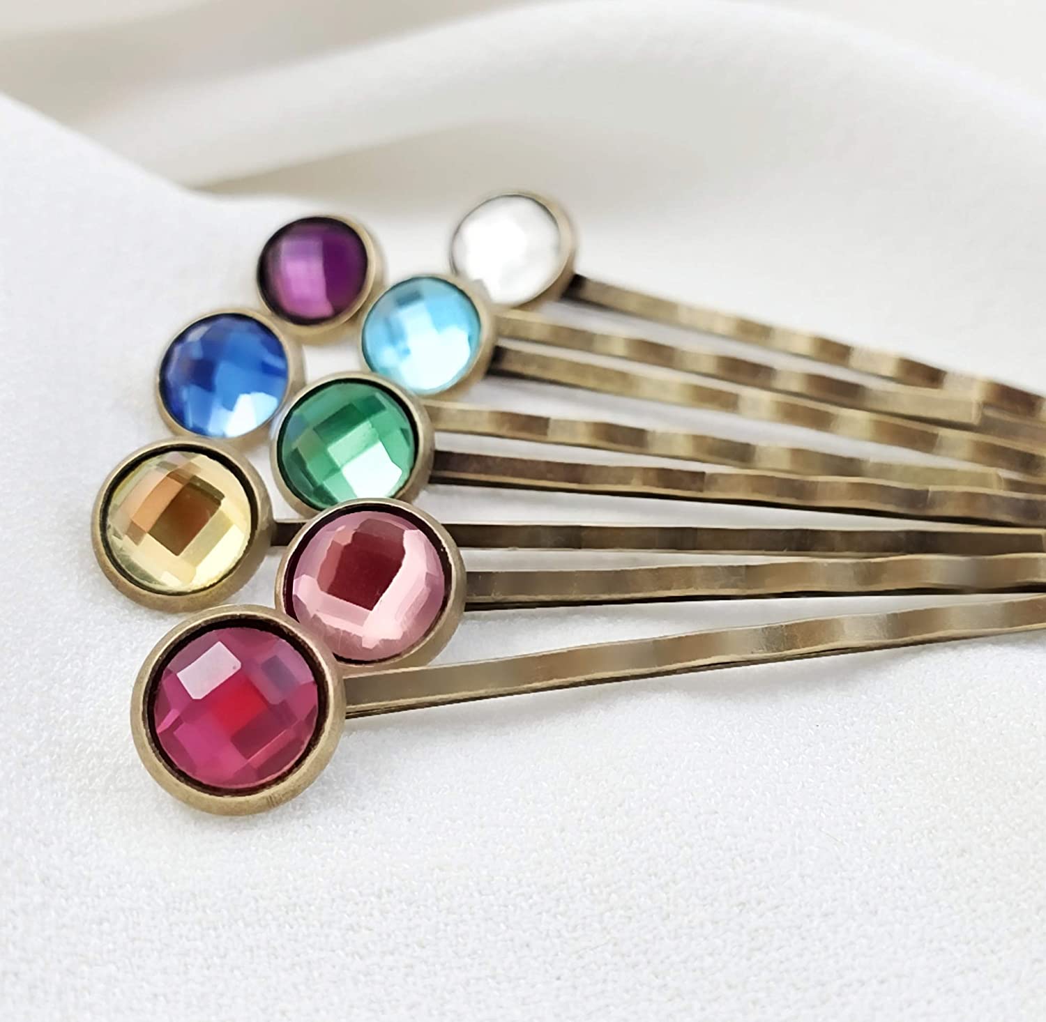 Crystal Hair Pins for Women, Decorative Bobby Pin Set of 8 Colorful Rainbow Hairpins, Sparkly Glass 