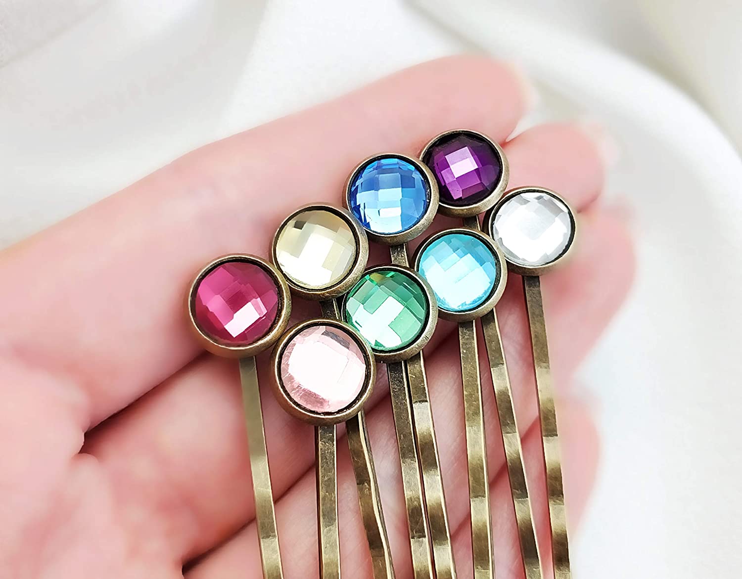 Crystal Hair Pins for Women, Decorative Bobby Pin Set of 8 Colorful Rainbow Hairpins, Sparkly Glass 