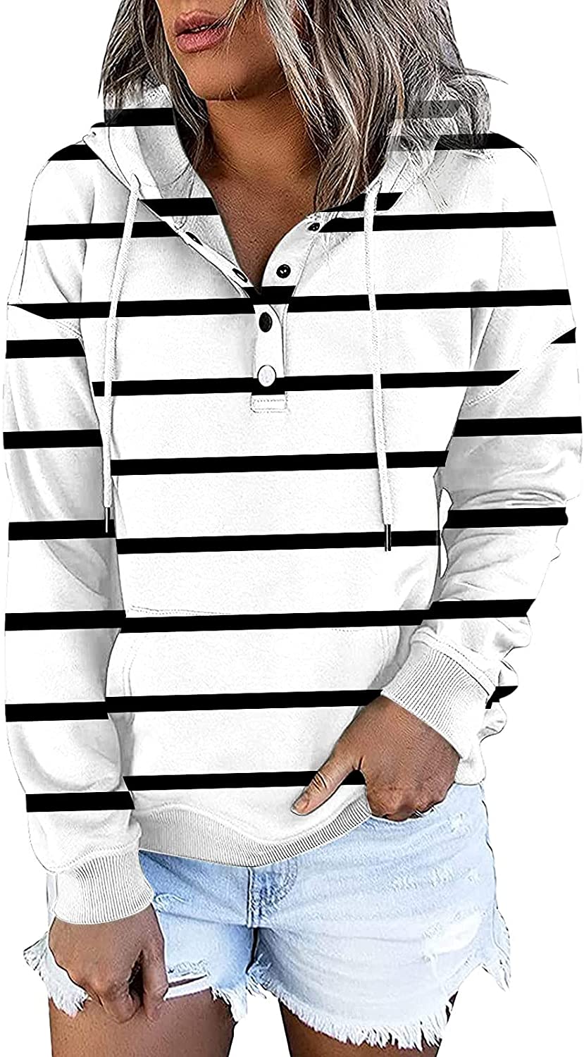 Sweatshirt for Women,Womens Tops Fashion Buttons Pullover Hoodie Autumn Pocket Dark Color Pinstripe