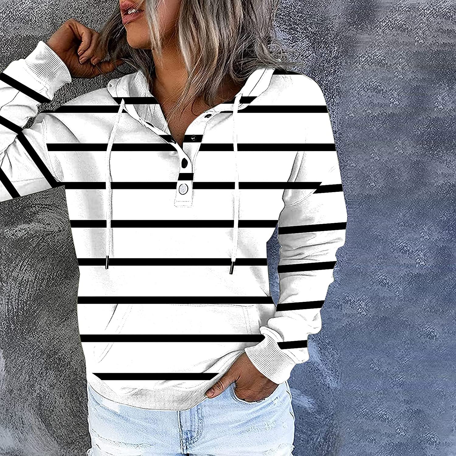 Sweatshirt for Women,Womens Tops Fashion Buttons Pullover Hoodie Autumn Pocket Dark Color Pinstripe