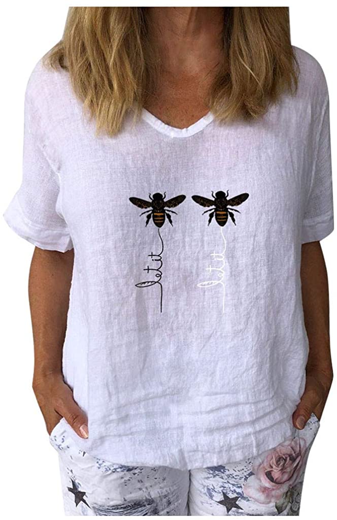 Dosoop Women Littie Bee Print Linen Shirts Summer V Neck Short Sleeve Tops Graphic T-Shirt Casual Lo