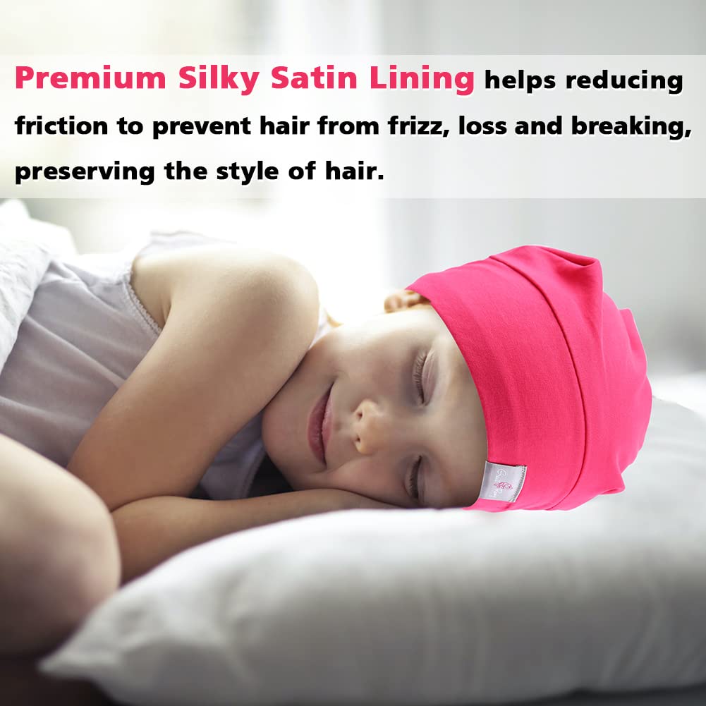 Greatremy Beanie Kids Silky Satin Lined Hair Bonnet Sleep Cap-Adjustable Elastic Band Slouchy Cotton