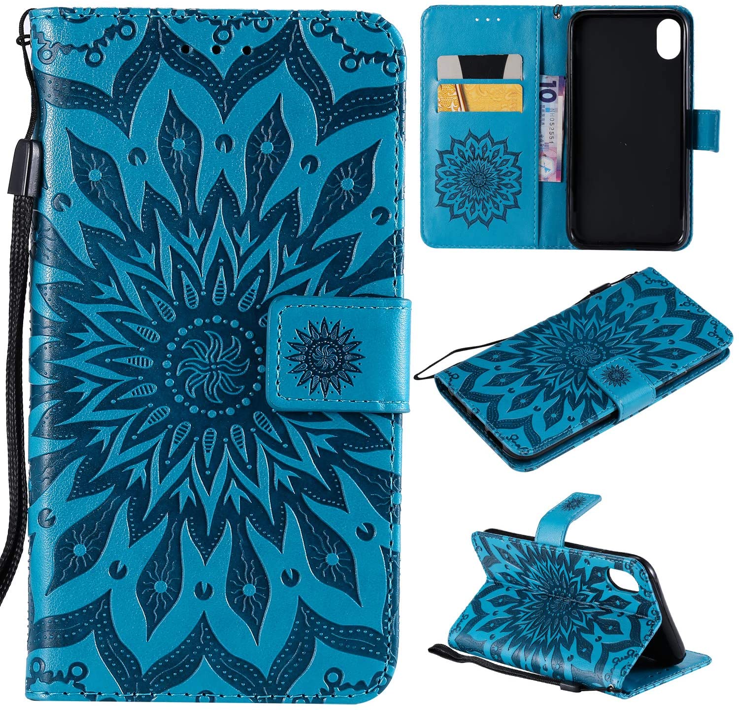 Cfrau Kickstand Wallet Case with Black Stylus for iPhone XR 6.1 inch,Retro Mandala Sunflower PU Leat