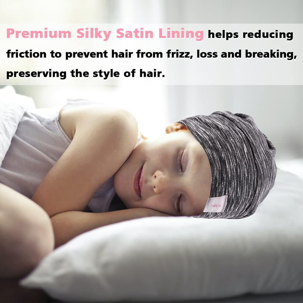 Greatremy Beanie Kids Silky Satin Lined Hair Bonnet Sleep Cap-Adjustable Elastic Band Slouchy Cotton