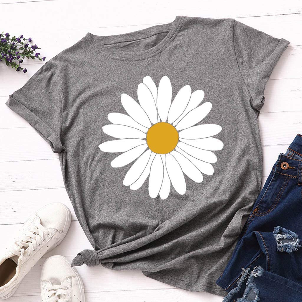 Dosoop Womens Summer Daisy Printed T Shirt Teen Girls Graphic Short Sleeve Casual Crewneck Cute Tees