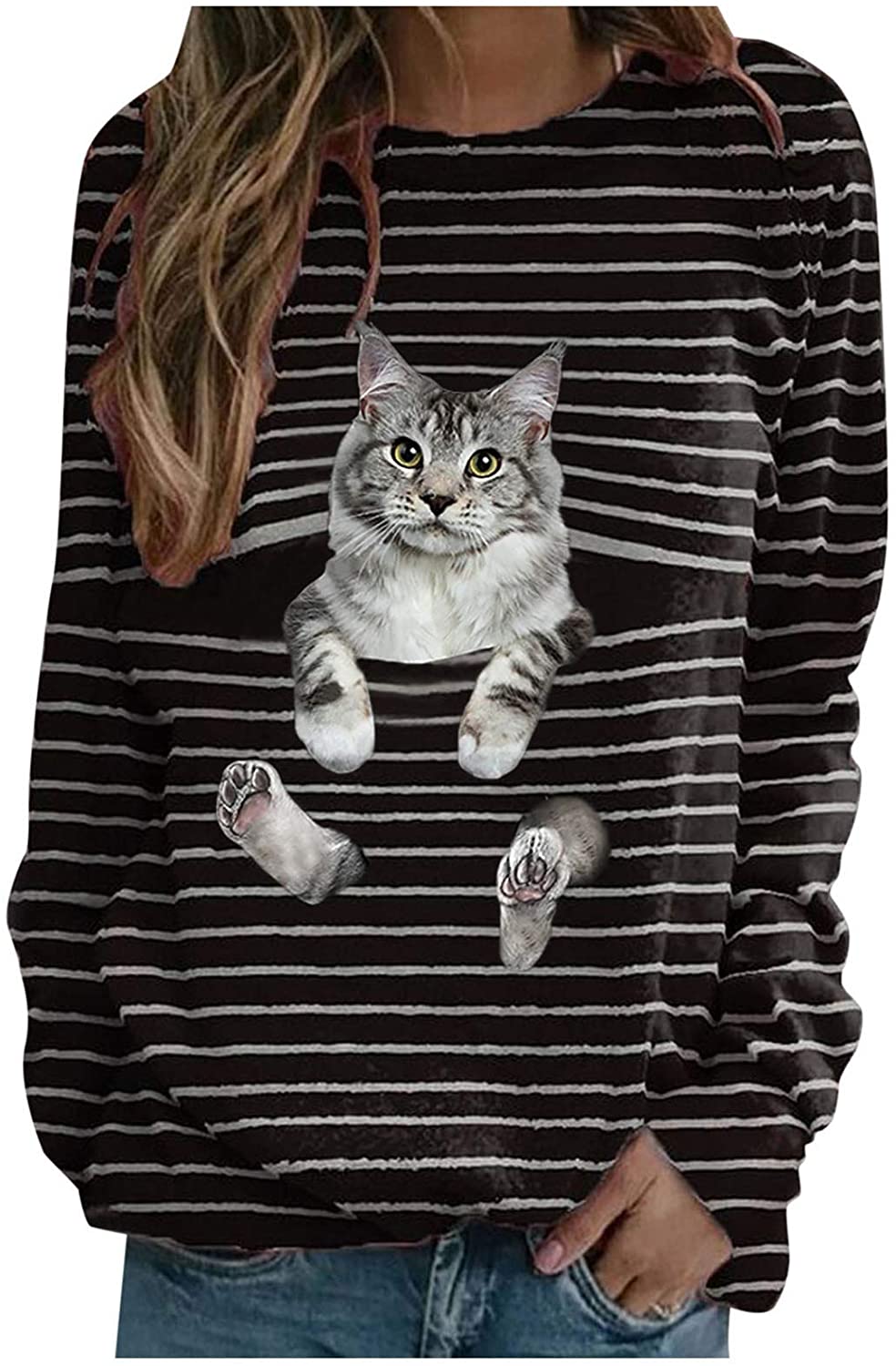 Dosoop Women Long Sleeve Tshirts Black 3D Cat Striped Shutters Print Casual Crewneck Teen Girls Juni