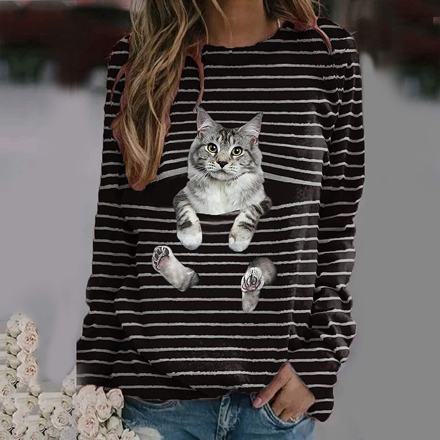 Dosoop Women Long Sleeve Tshirts Black 3D Cat Striped Shutters Print Casual Crewneck Teen Girls Juni