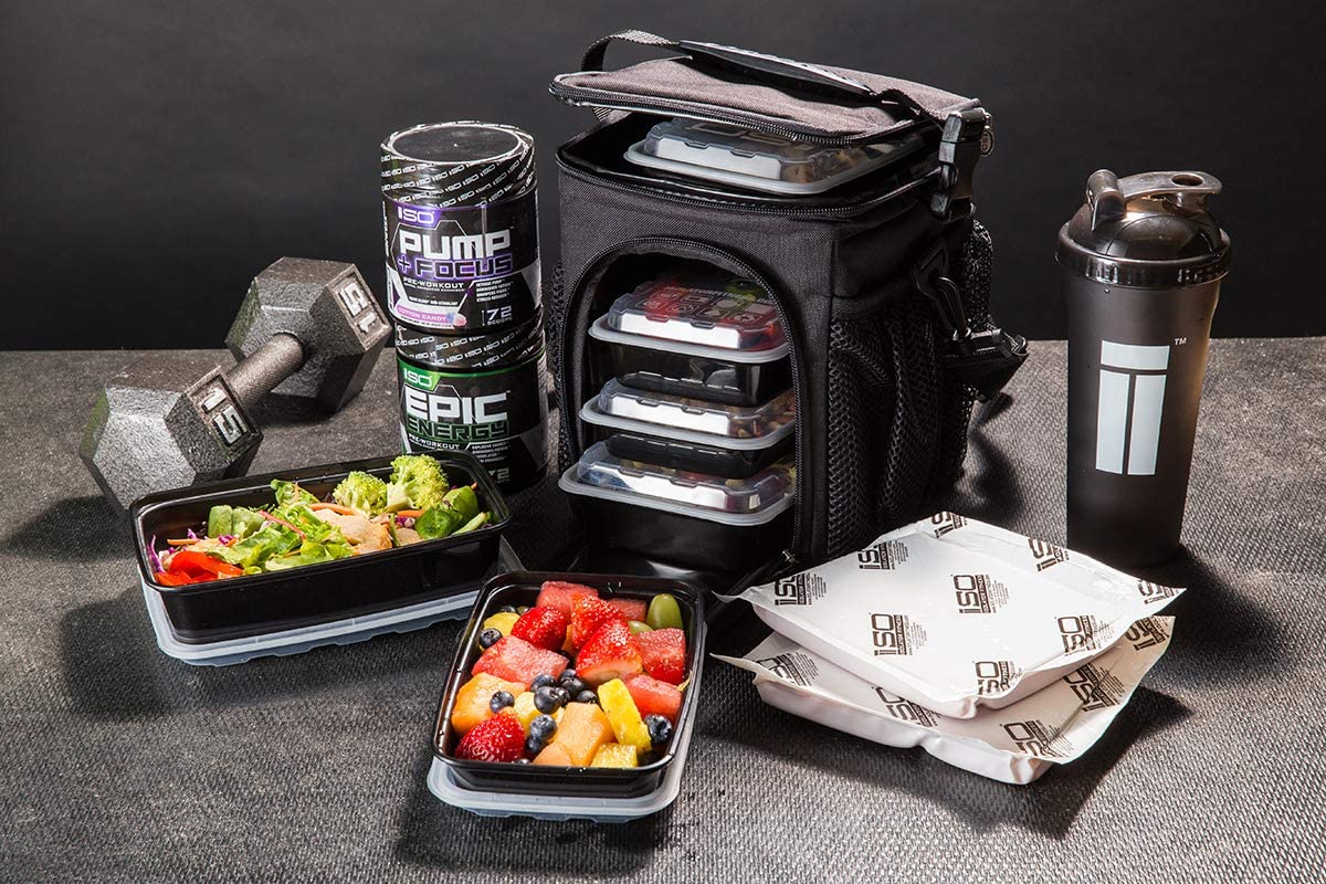 Meal Prep Bag ISOCUBE 3 Meal Insulated Lunch Bag Cooler with 6 Stackable Meal Prep Containers, 2 ISO