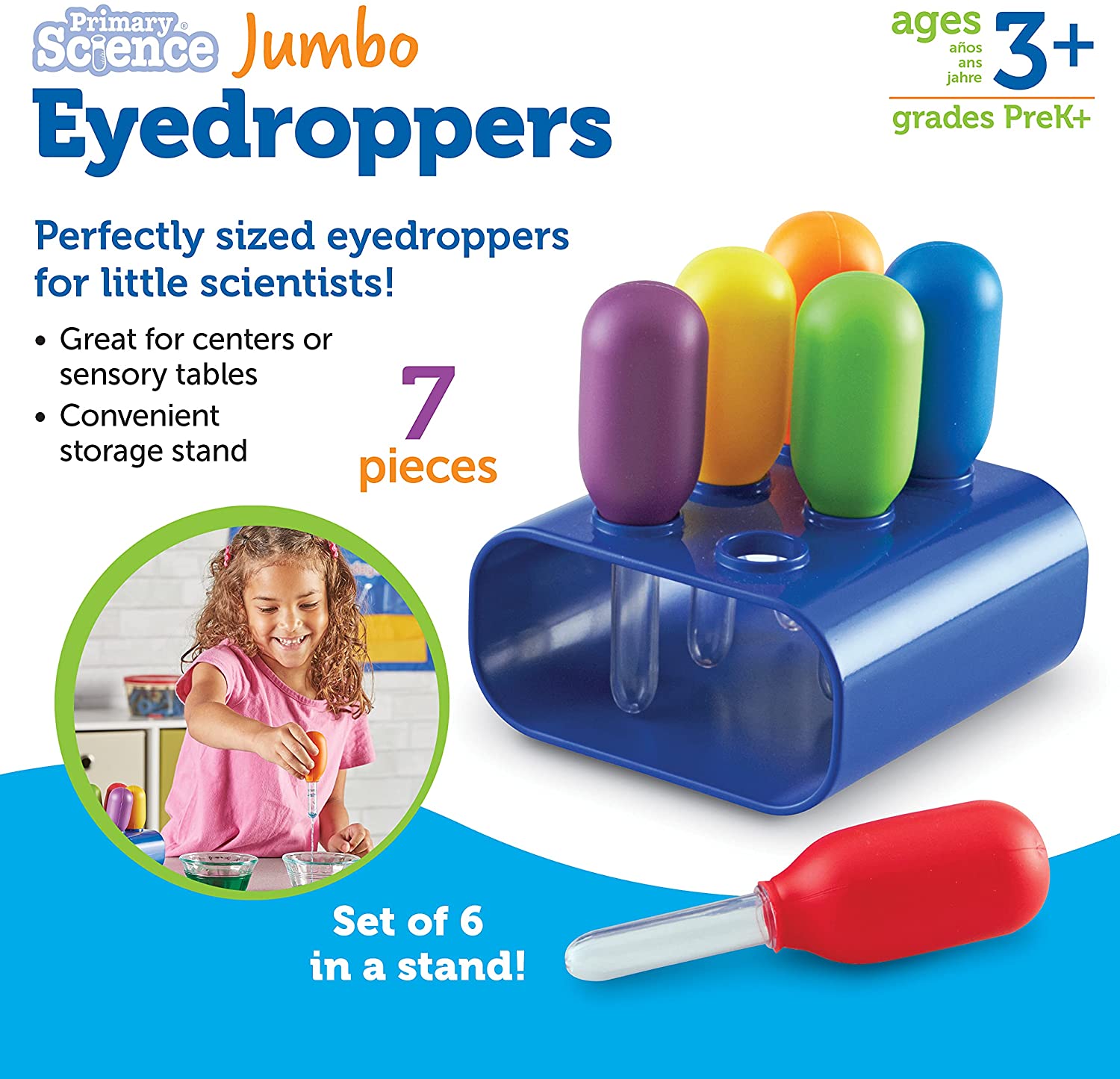 Learning Resources Jumbo Colorful Eyedroppers - Set of 6 with Stand, Ages 3+ Science Class Tools, Pr
