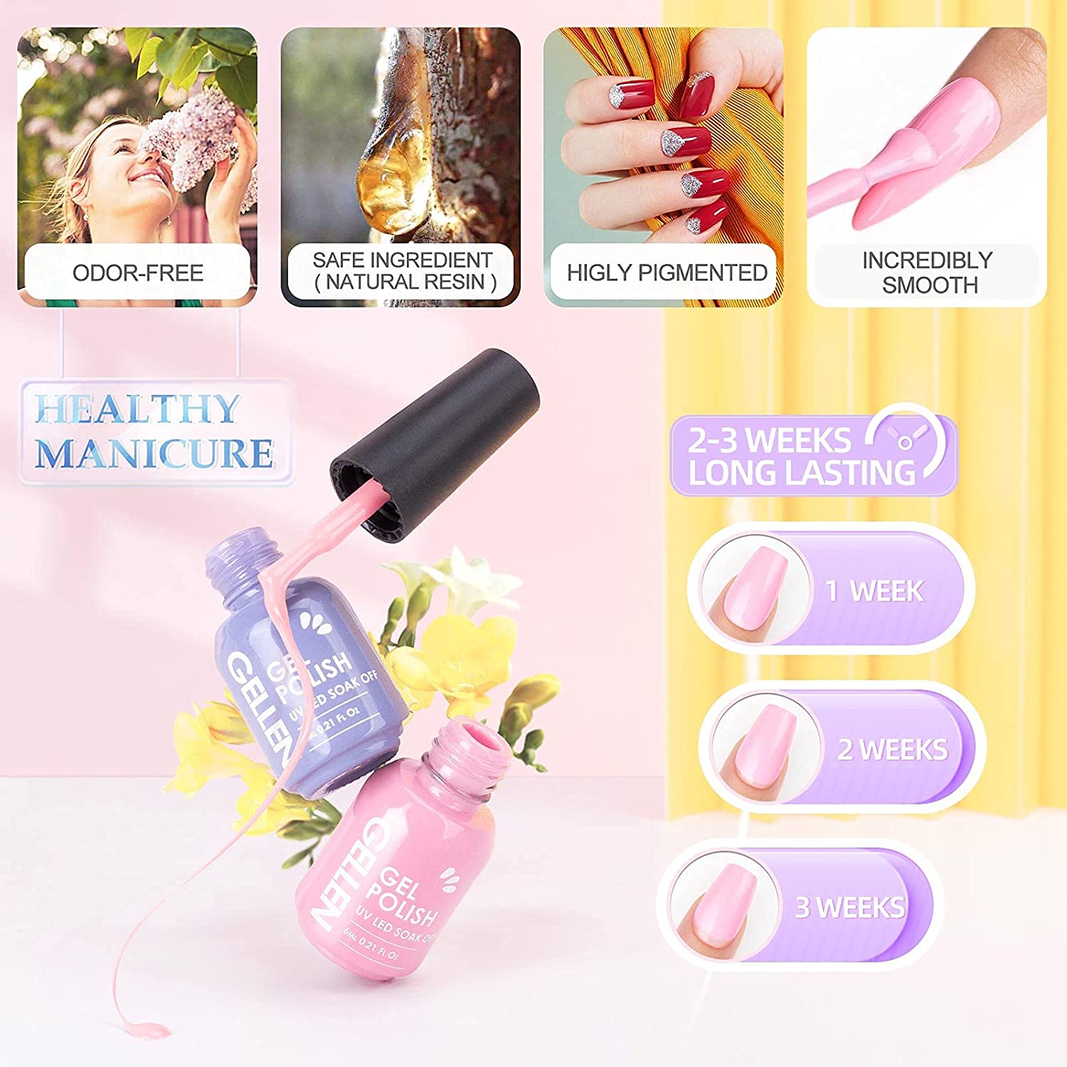 Gellen Gel Nail Polish Kit with U V LED Light 72W Nail Dryer, 12 Gel Nail Colors, No Wipe Top Base C