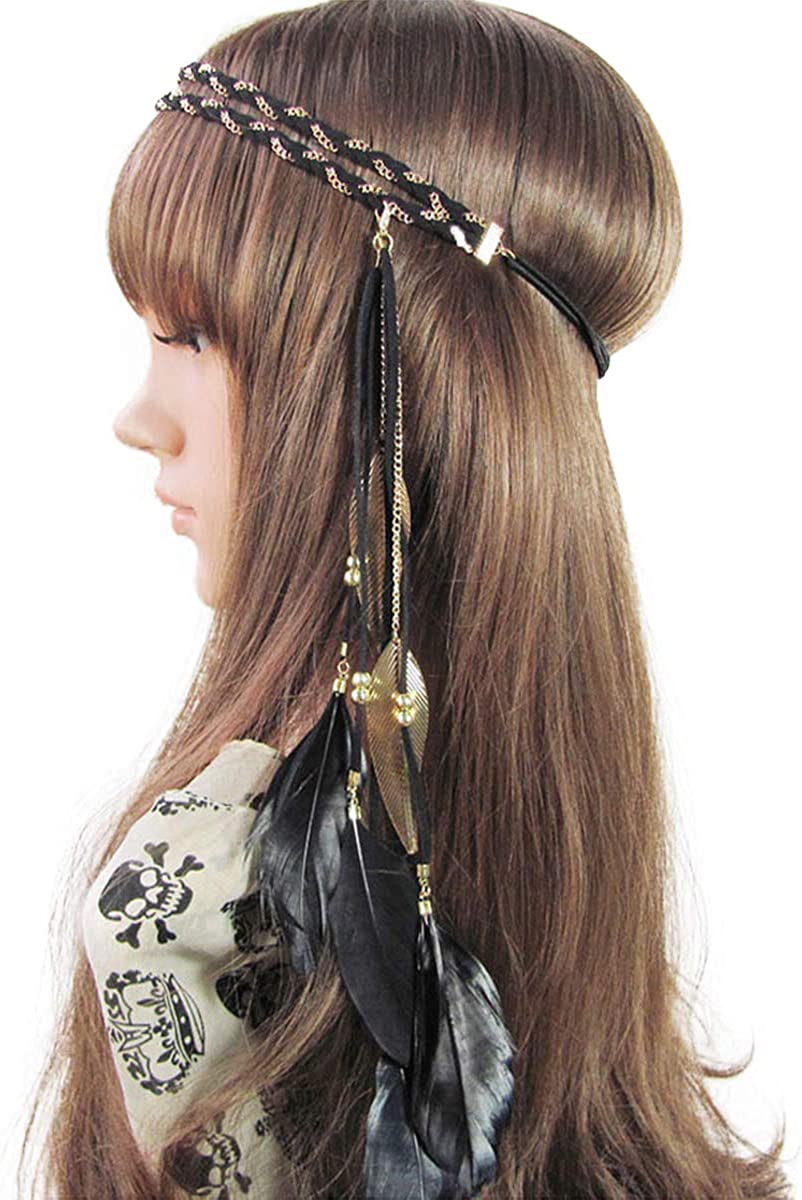 Song Qing Women Feather Leaf Tassels Braided Hippie Headband Hair Accessories