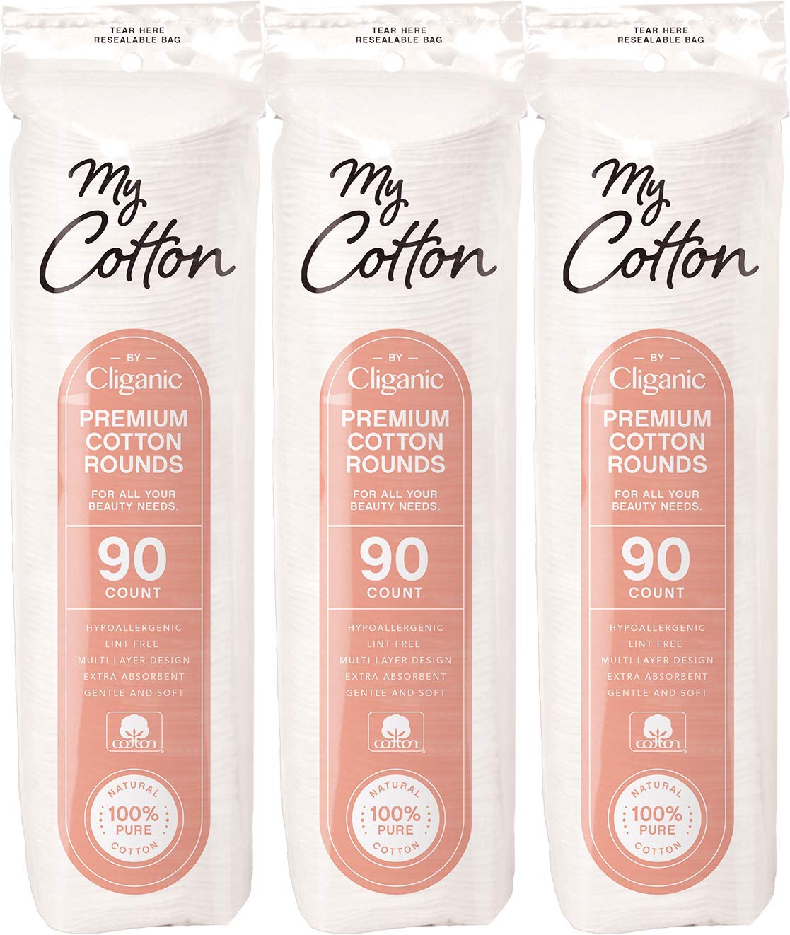 My Cotton Premium Cotton Rounds for Face (3 Pack) | Makeup Remover Pads, Hypoallergenic, Lint-Free |