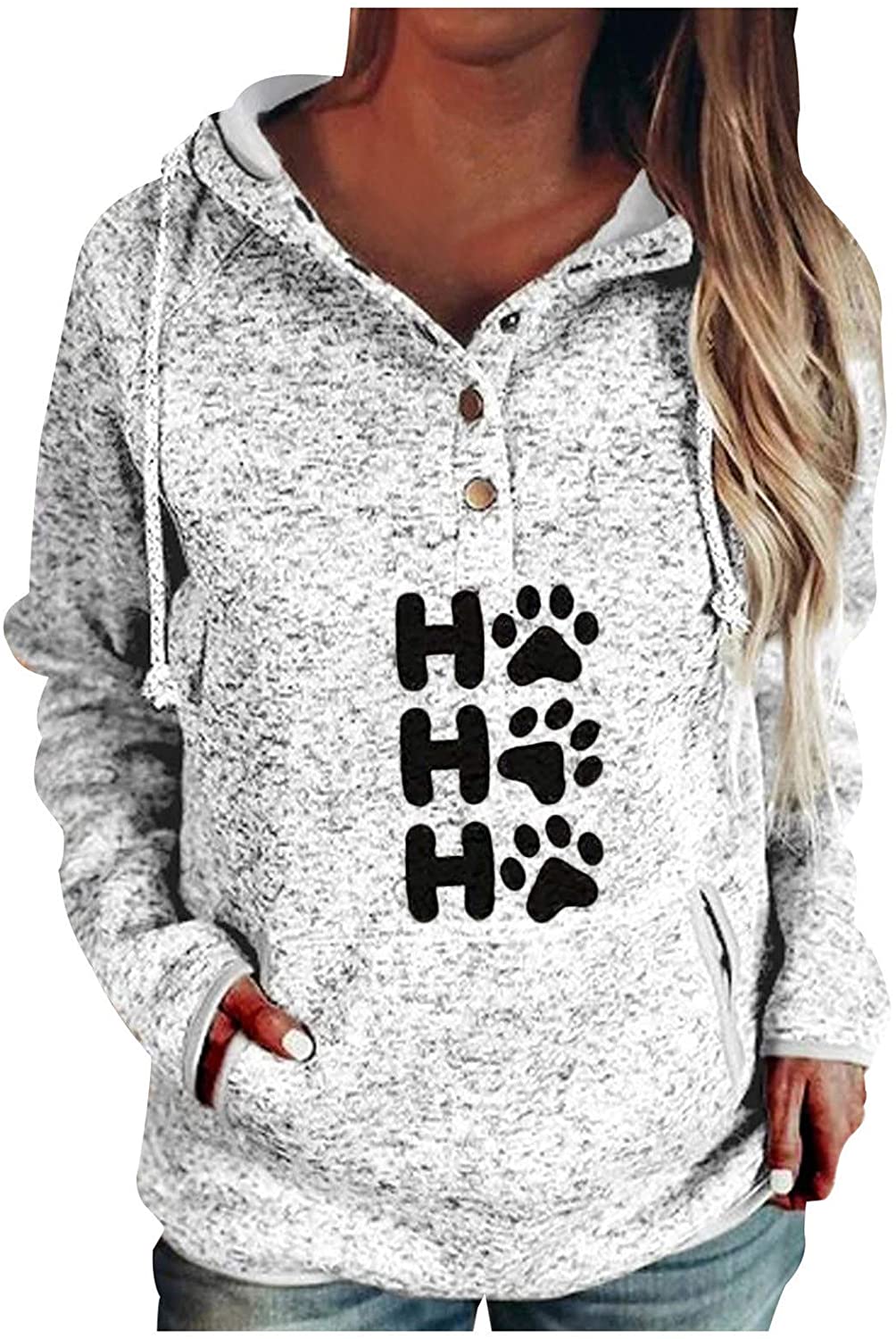 Dosoop Women Sweatshirt Hoodies Casual Loose Long Sleeve Top Buttons Collar Hooded Drawstring Pullov