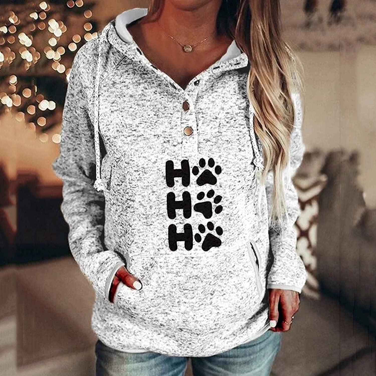 Dosoop Women Sweatshirt Hoodies Casual Loose Long Sleeve Top Buttons Collar Hooded Drawstring Pullov