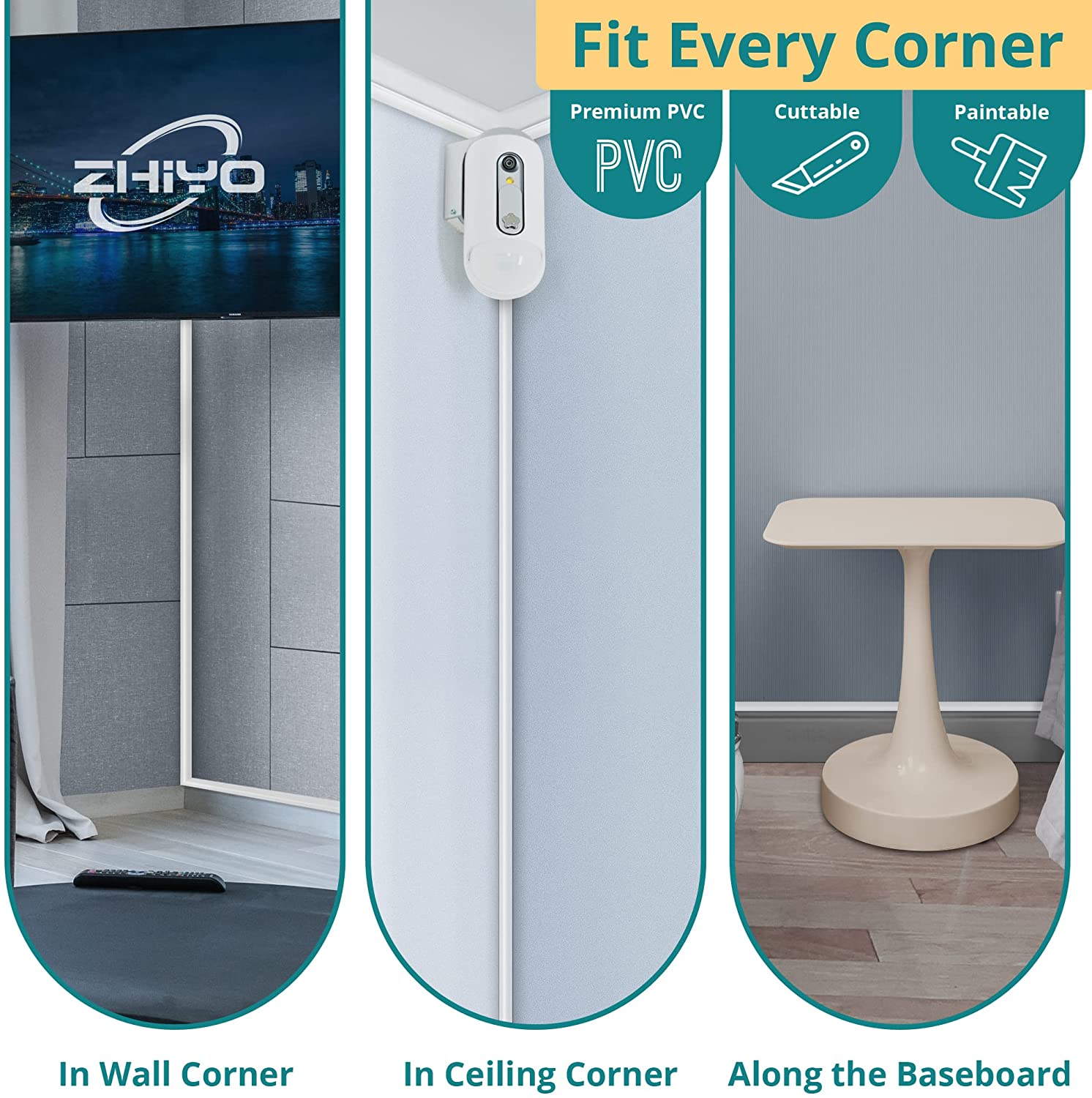 85in Corner Cable Concealer, One-Cord Corner Duct, Paintable Corner Cord Cover, Cable Management Cha