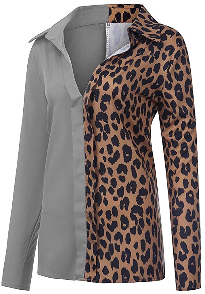 Dosoop Womens Casual Long Sleeve V Neck Leopard Patchwork Long Sleeve Popular Tunic T Shirts Blouses
