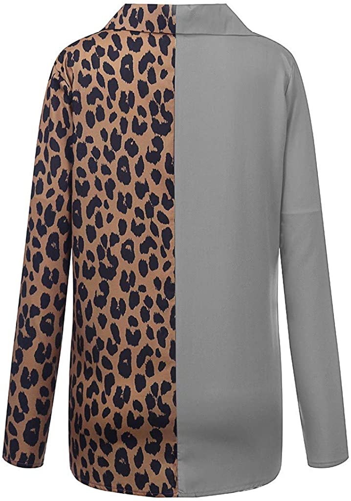 Dosoop Womens Casual Long Sleeve V Neck Leopard Patchwork Long Sleeve Popular Tunic T Shirts Blouses