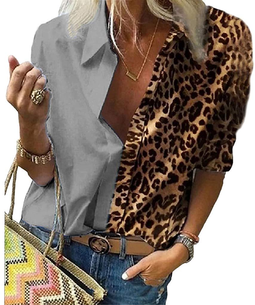 Dosoop Womens Casual Long Sleeve V Neck Leopard Patchwork Long Sleeve Popular Tunic T Shirts Blouses