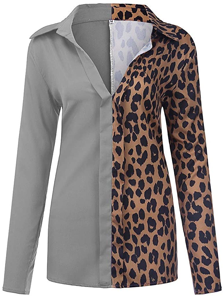 Dosoop Womens Casual Long Sleeve V Neck Leopard Patchwork Long Sleeve Popular Tunic T Shirts Blouses