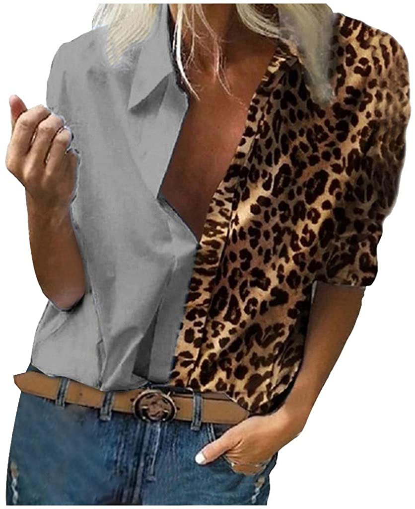 Dosoop Womens Casual Long Sleeve V Neck Leopard Patchwork Long Sleeve Popular Tunic T Shirts Blouses