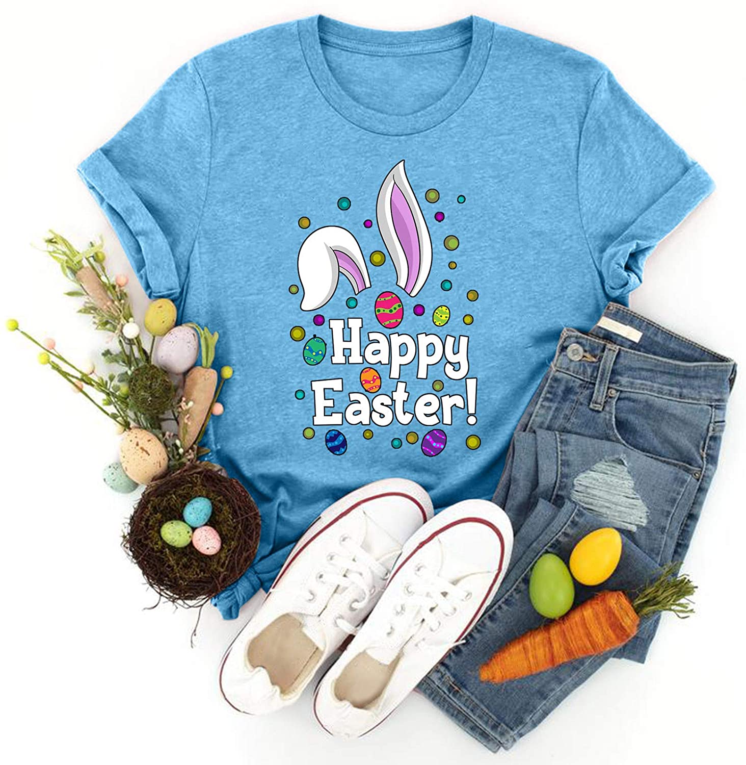 Dosoop Womens Happy Easter Letter Printed T-Shirt Short Sleeve Graphic Shirts Tees Crewneck Casual L