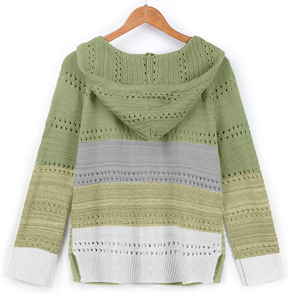 Dosoop Women Shirt 2020 Blouse Sweater Hoodies Patchwork Long Sleeves Hooded Cardigan Knitted Pullov