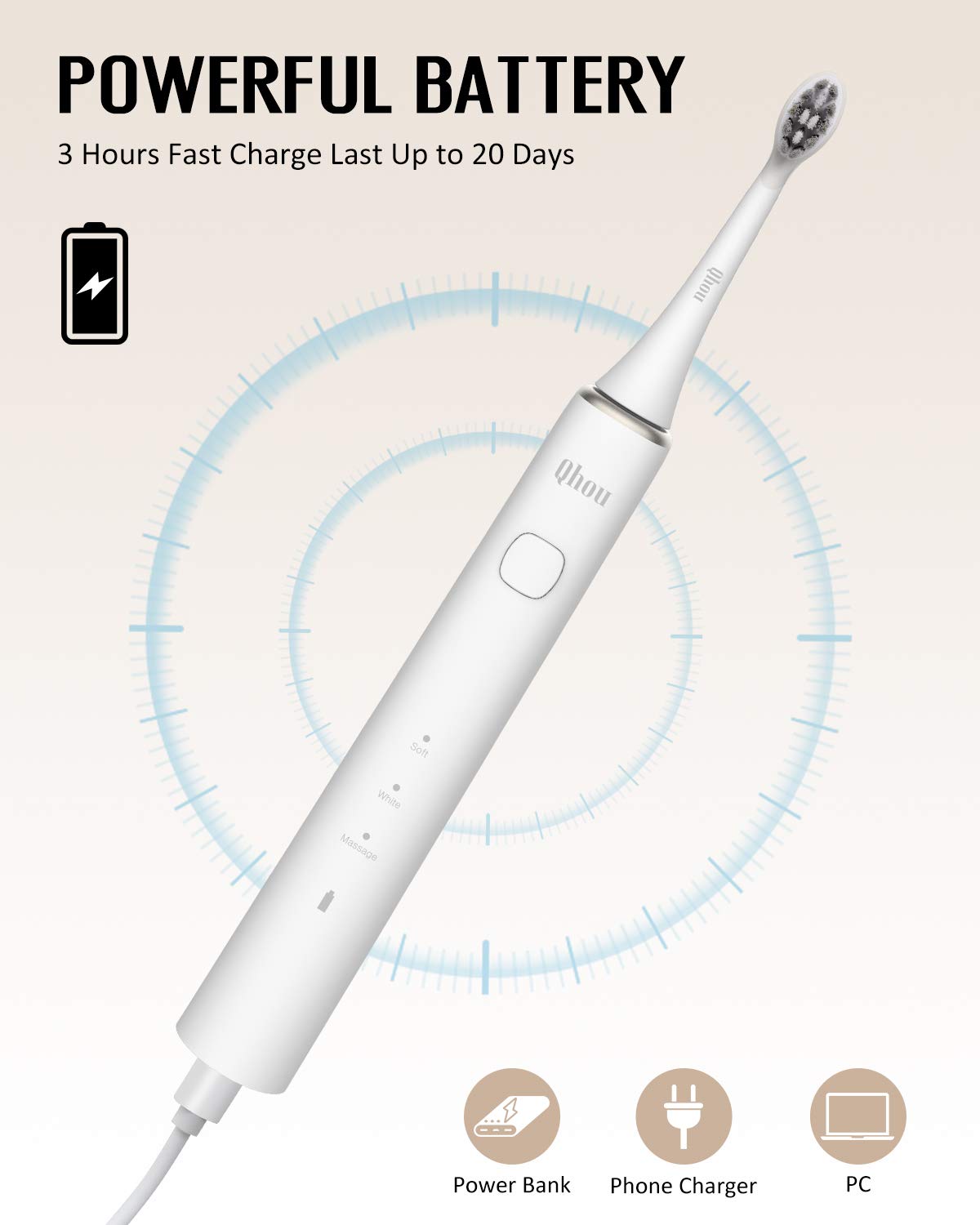 Sonic Electric Toothbrush, Qhou 3 Modes Rechargeable Toothbrush, Whitening Toothbrushes with 2 Brush