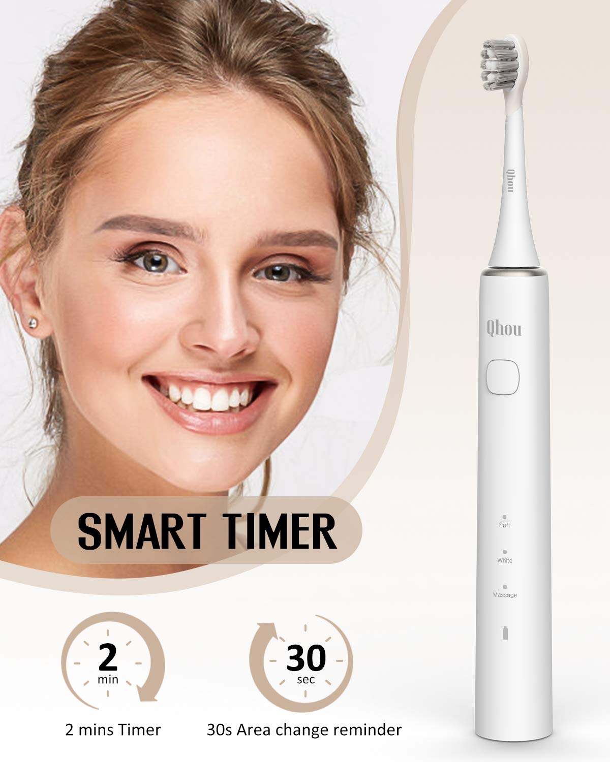 Sonic Electric Toothbrush, Qhou 3 Modes Rechargeable Toothbrush, Whitening Toothbrushes with 2 Brush
