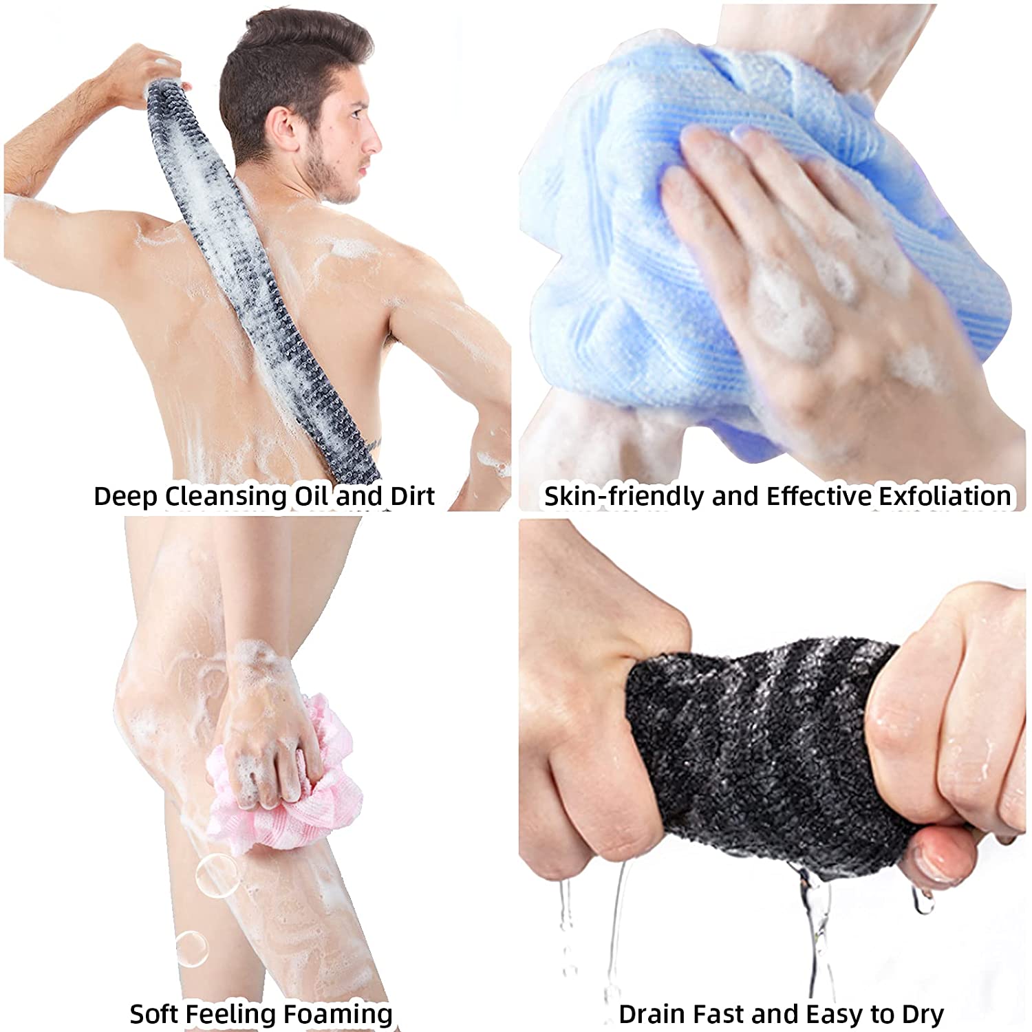 Dual-Sided Back Scrubber, WOVTE Exfoliating Washcloth Exfoliating Nylon Bath Towel with Deep Clean &