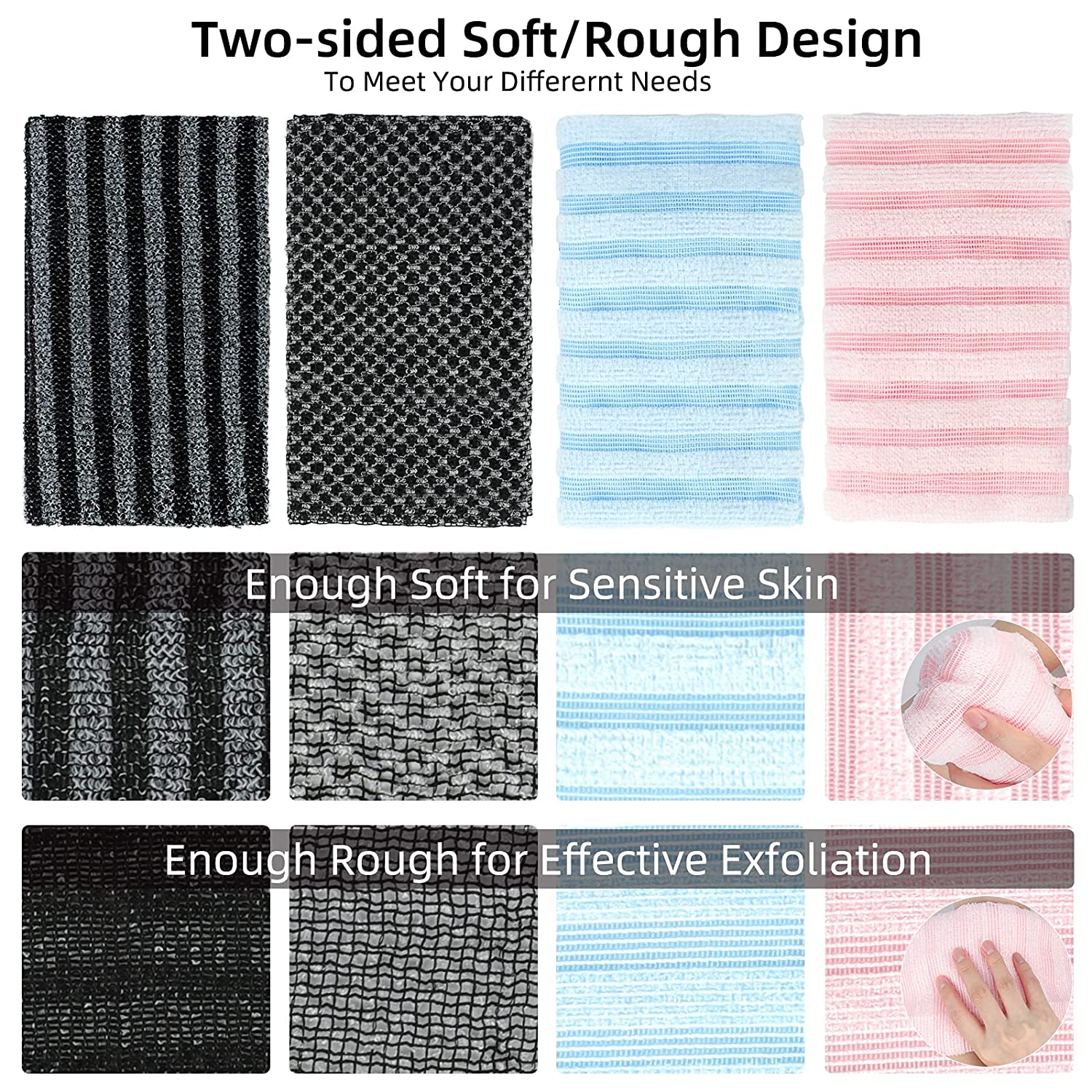 Dual-Sided Back Scrubber, WOVTE Exfoliating Washcloth Exfoliating Nylon Bath Towel with Deep Clean &