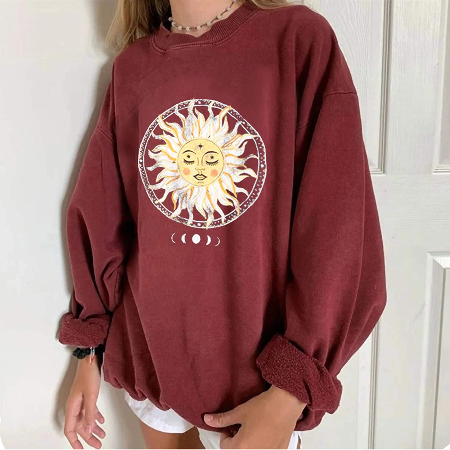 Womens Plus Size Sweatshirt Casual Printing Long Sleeve Pullover Blouse Tops Sun Moon Halloween Loos