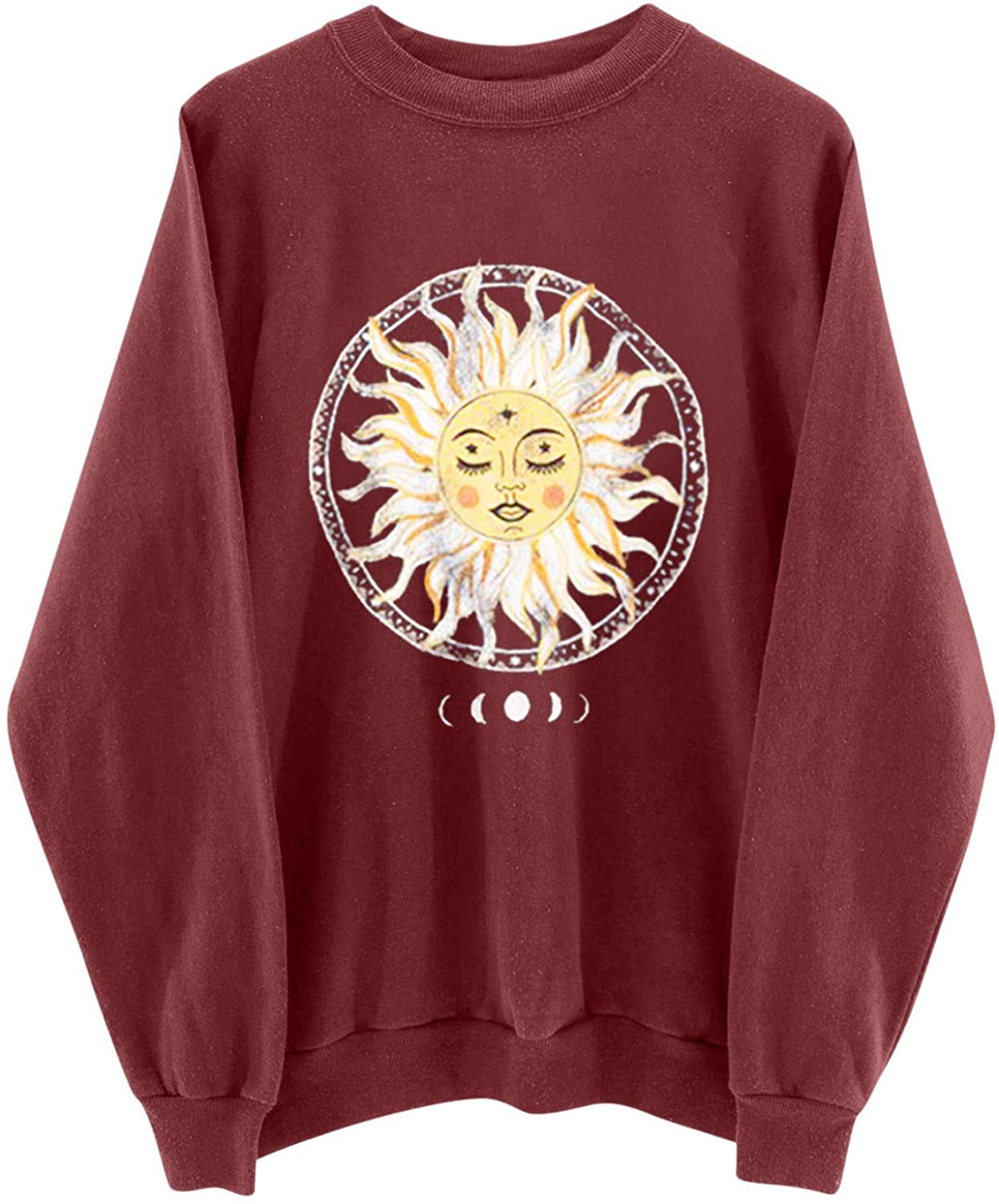 Womens Plus Size Sweatshirt Casual Printing Long Sleeve Pullover Blouse Tops Sun Moon Halloween Loos