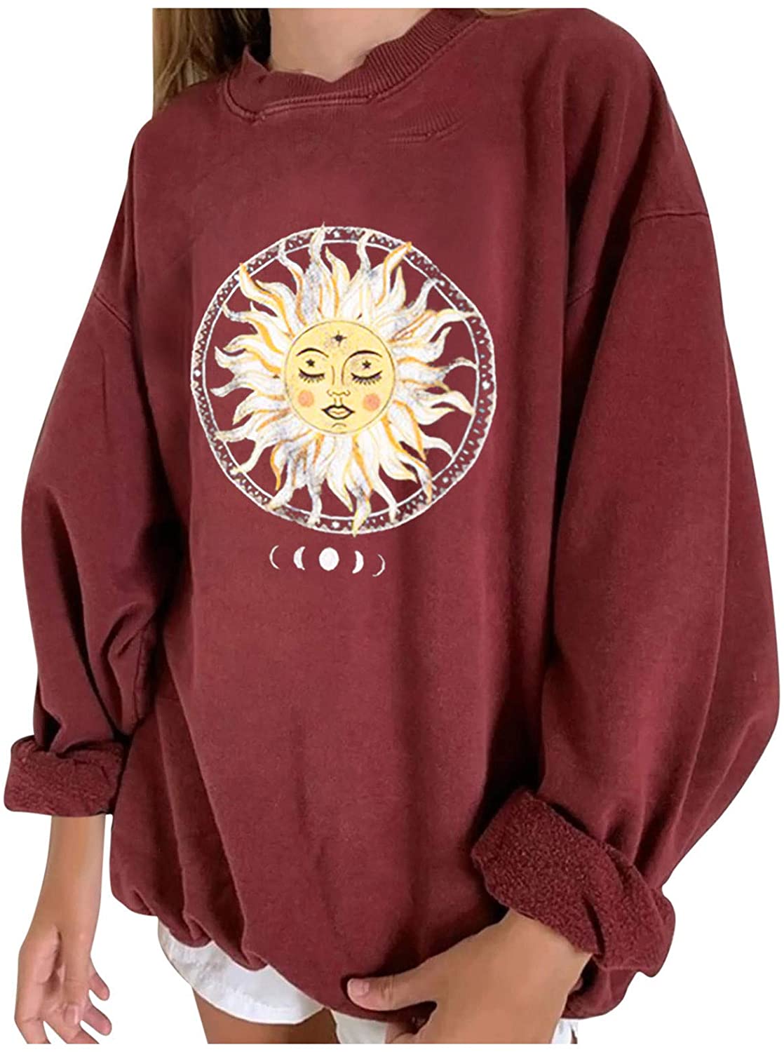 Womens Plus Size Sweatshirt Casual Printing Long Sleeve Pullover Blouse Tops Sun Moon Halloween Loos