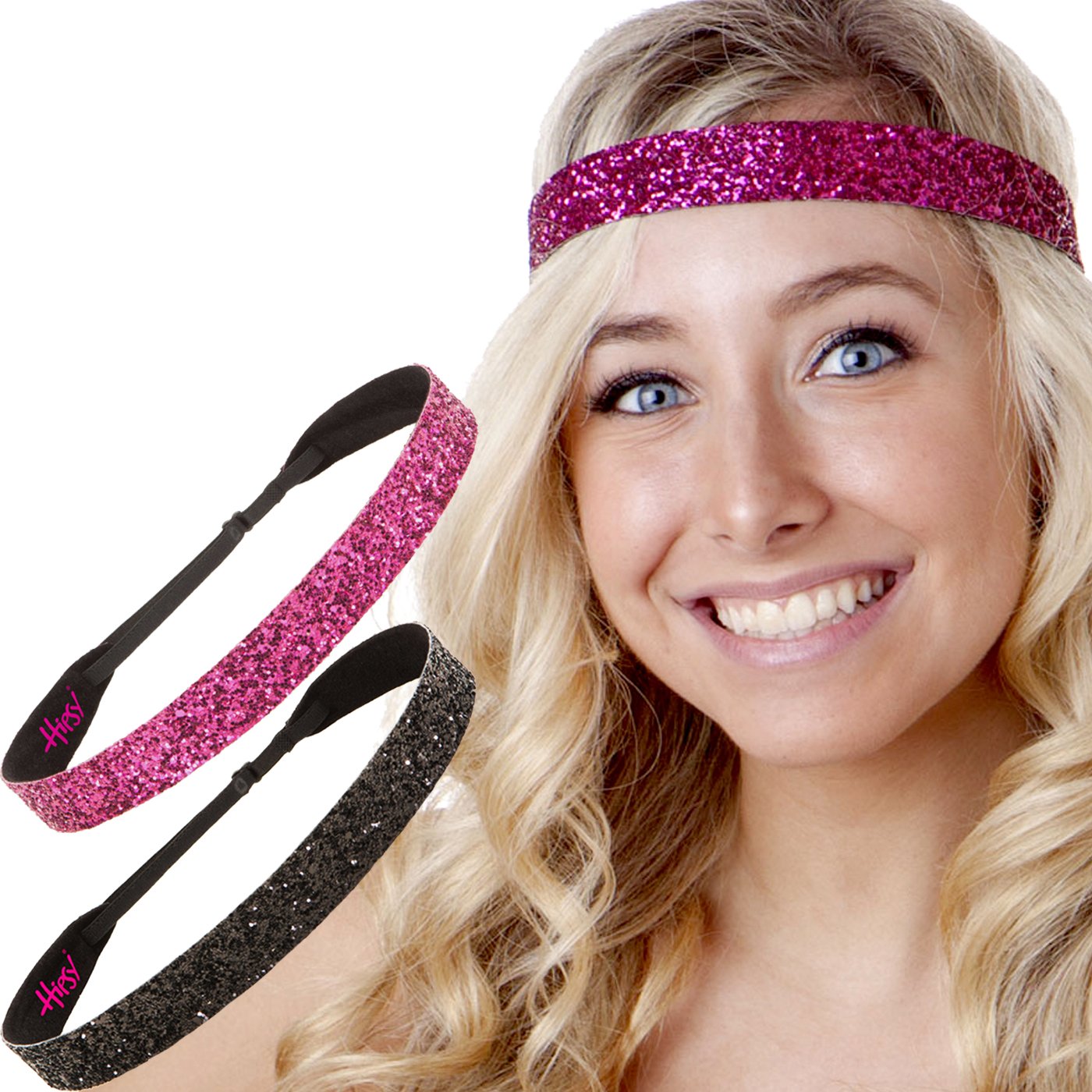 Hipsy Adjustable Non Slip Fashion Wide Bling Glitter Headbands for Women Girls & Teens 2-Pack (Black
