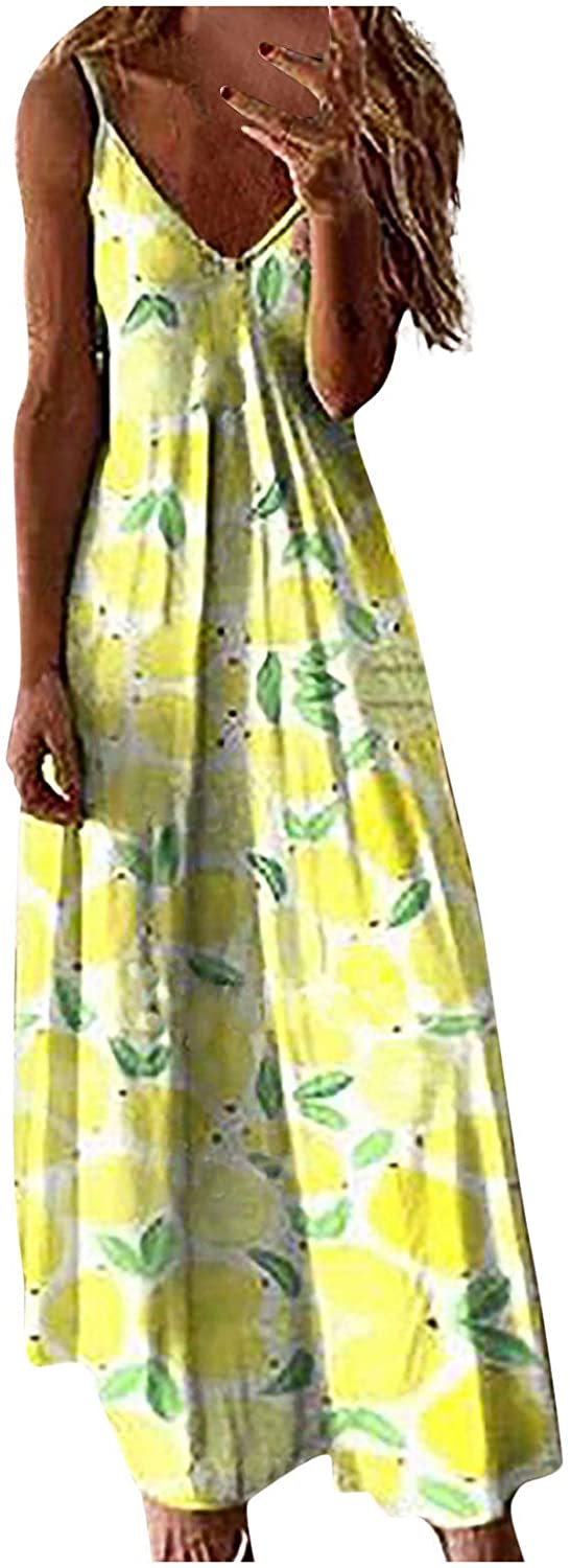 Womens Plus Size Long Maxi Dresses, Butterfly Flower Print Casual V Neck Loose Pullover Sleeveless C