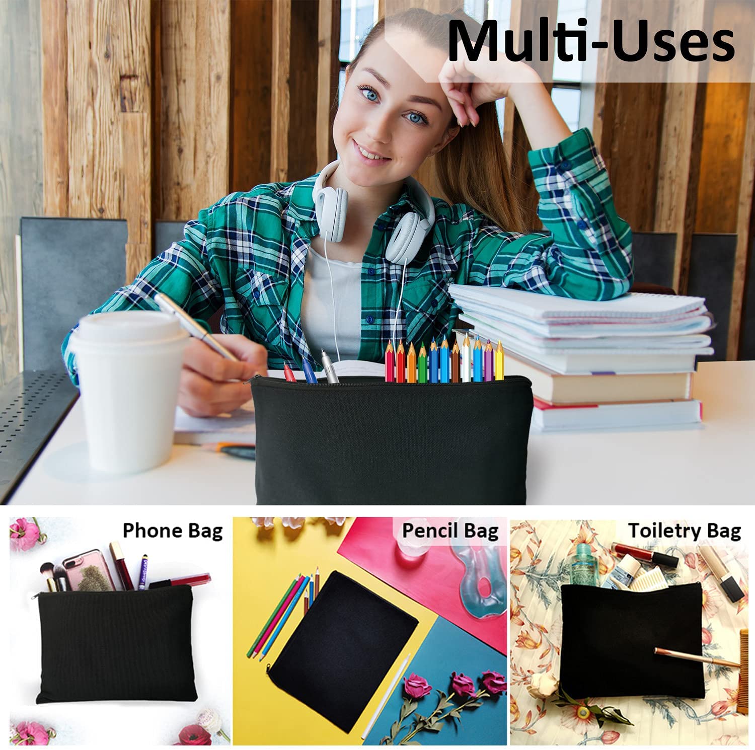 Black Canvas Pouch for Women, 12 KOOLMOX 9x7 Inch Large Blank Canvas Makeup Bag with Zipper, Canvas 