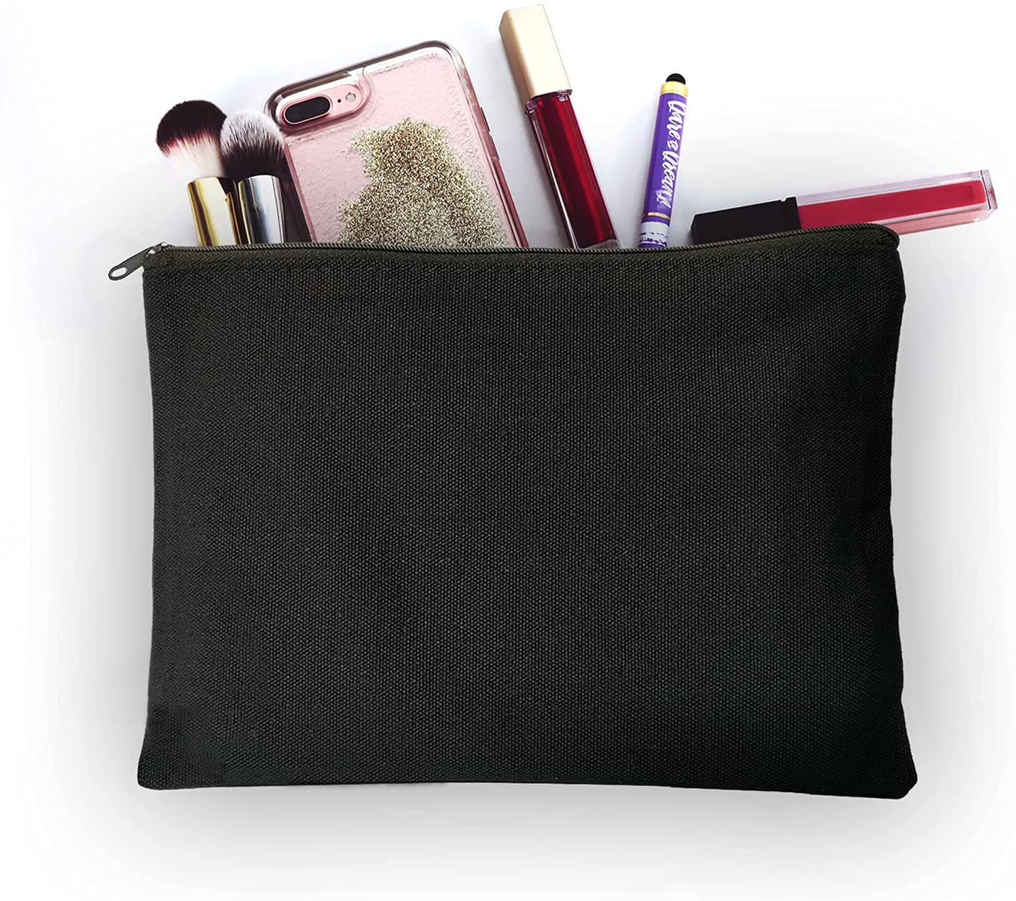 Black Canvas Pouch for Women, 12 KOOLMOX 9x7 Inch Large Blank Canvas Makeup Bag with Zipper, Canvas 