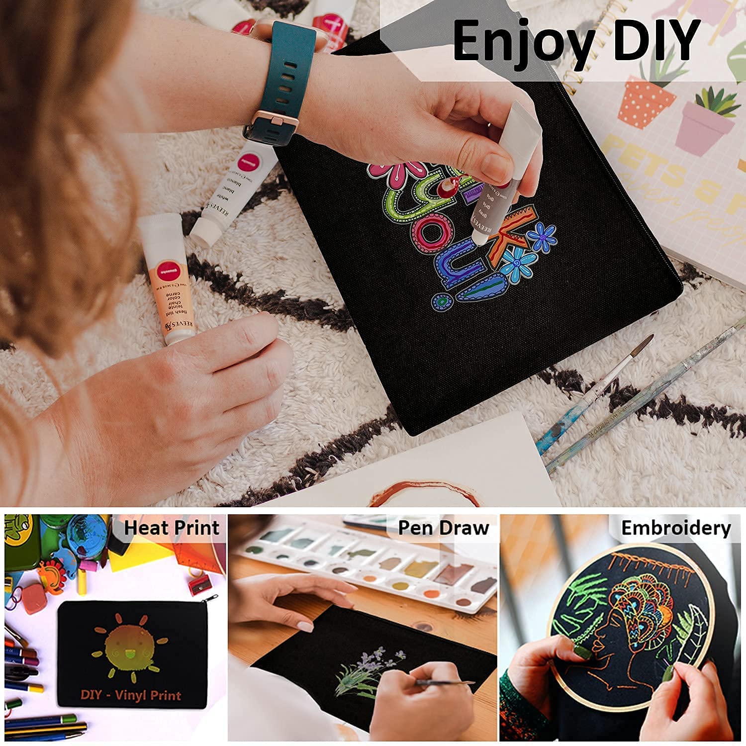 Black Canvas Pouch for Women, 12 KOOLMOX 9x7 Inch Large Blank Canvas Makeup Bag with Zipper, Canvas 