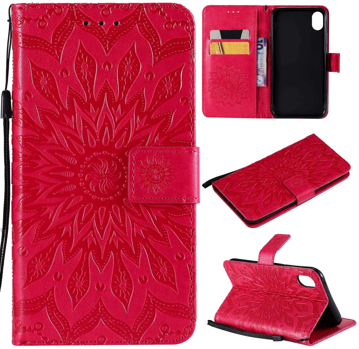 Cfrau Kickstand Wallet Case with Black Stylus for iPhone XR 6.1 inch,Retro Mandala Sunflower PU Leat