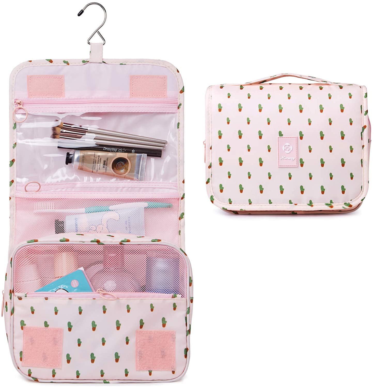 Hanging Travel Toiletry Bag Cosmetic Make up Organizer for Women and Girls Waterproof (A-Cactus)