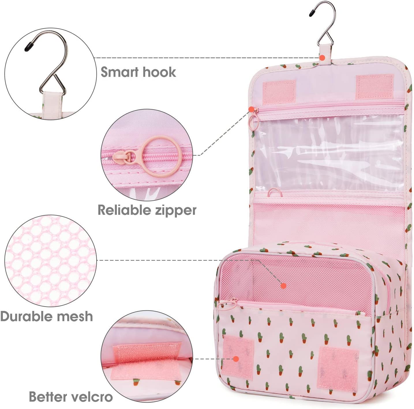 Hanging Travel Toiletry Bag Cosmetic Make up Organizer for Women and Girls Waterproof (A-Cactus)