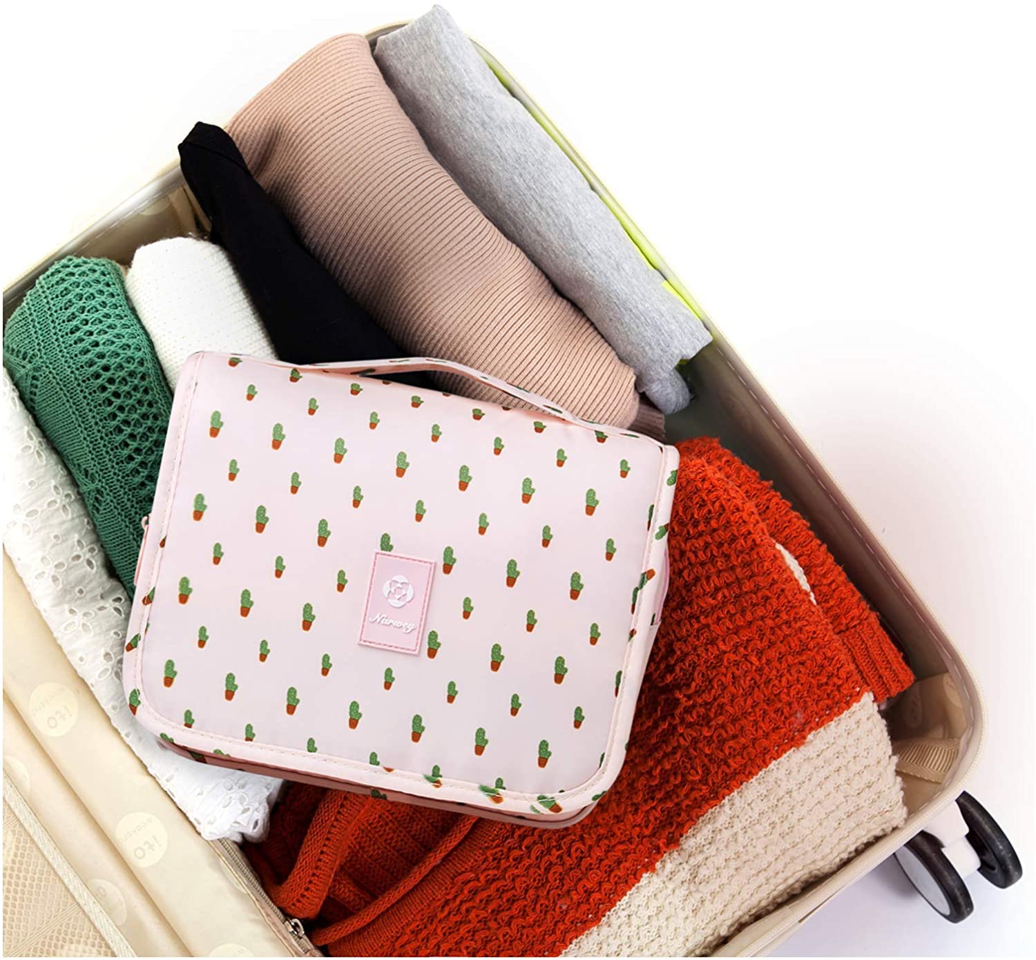 Hanging Travel Toiletry Bag Cosmetic Make up Organizer for Women and Girls Waterproof (A-Cactus)