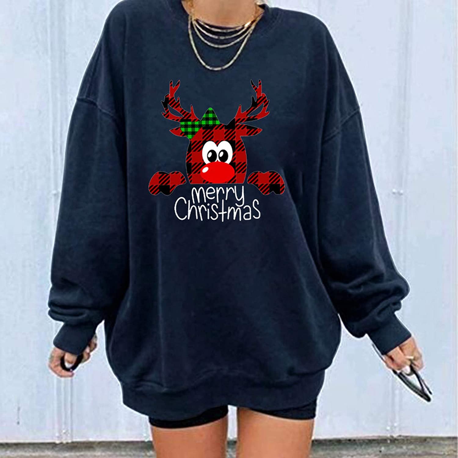 Dosoop Women Merry Christmas Elk Graphic Crewneck Long Sleeve Sweatshirts Tops Tunics Casual Loose S