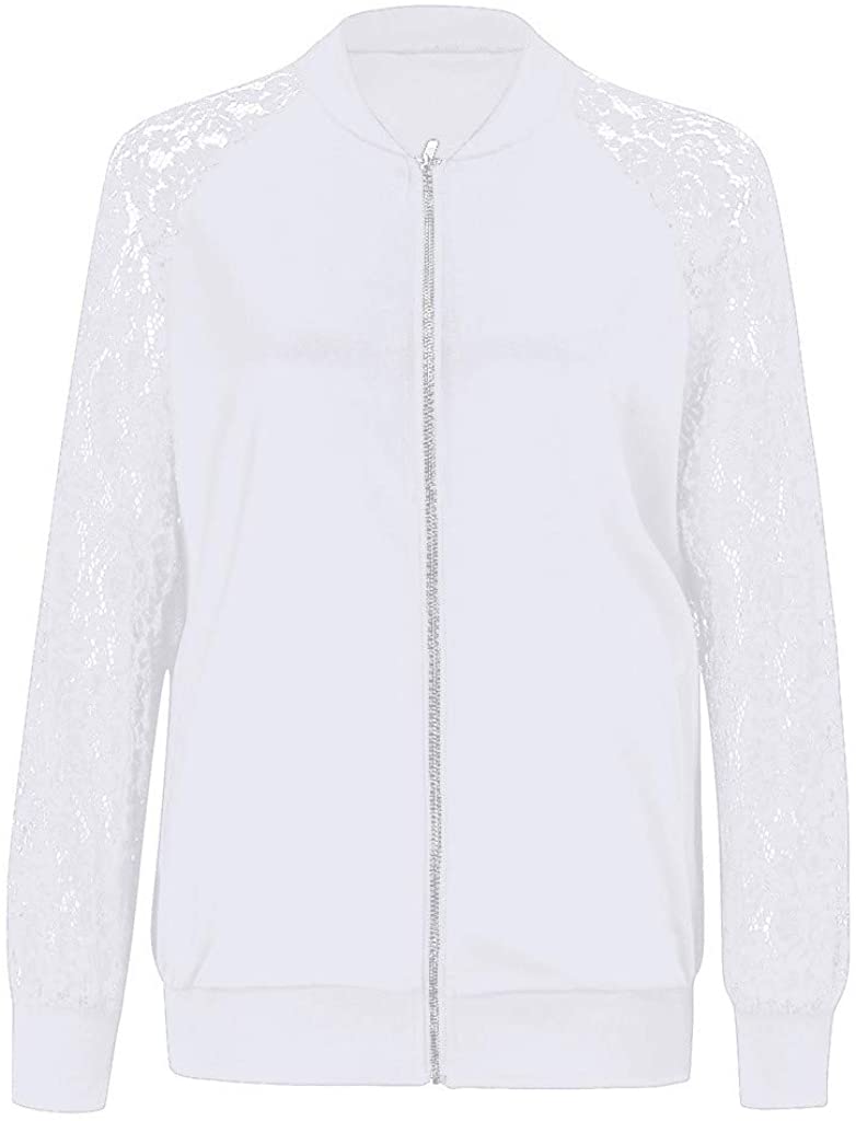 WUAI-Women Bomer Jackets Plus Size Casual Lace Loose Long Sleeve Coat Outwear Cardigans Tops